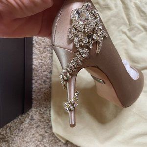 Badgley Mischka Royal gold satin peep toe pumps rhinestones at heel